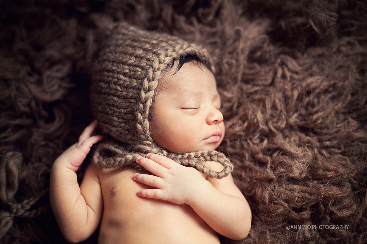 newborn baby boy light brown knitted pixie hat